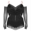 FEESHOW Women's Rhinestones Ruched Bodysuit Tassel Tango Rumba Salsa Latin Dance Leotard with Gloves Black Medium view 3