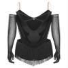 FEESHOW Women's Rhinestones Ruched Bodysuit Tassel Tango Rumba Salsa Latin Dance Leotard with Gloves Black Medium view 4