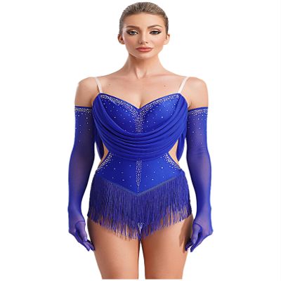 HULIJA Women's Ruched Mesh Latin Dance Costume Tassel Samba Rumba Salsa Jazz Dance Bodysuit Top with Gloves Blue Medium