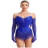 HULIJA Women's Ruched Mesh Latin Dance Costume Tassel Samba Rumba Salsa Jazz Dance Bodysuit Top with Gloves Blue Medium view 1