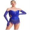 HULIJA Women's Ruched Mesh Latin Dance Costume Tassel Samba Rumba Salsa Jazz Dance Bodysuit Top with Gloves Blue Medium view 2