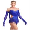 HULIJA Women's Ruched Mesh Latin Dance Costume Tassel Samba Rumba Salsa Jazz Dance Bodysuit Top with Gloves Blue Medium view 3