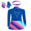 FEESHOW Kids Girls Sparkly Velvet Figure Ice Skating Dress with Gloves Headband Set Long Sleeve Printed Dance Outfits Blue 12 Years view 3