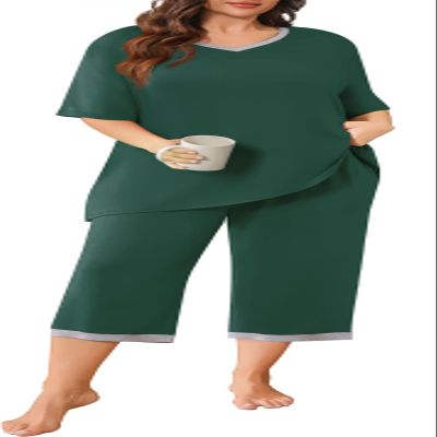 POSESHE Womens Plus Size Pajamas Cute Short Sleeve Tops and Pants 2 Piece Sleep Pajama Set Plus Size,Green,XL