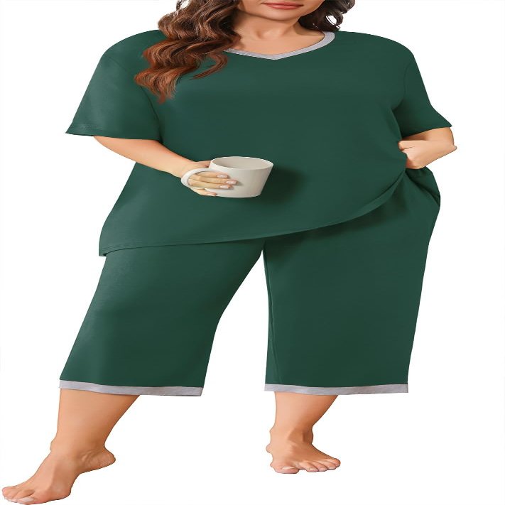 POSESHE Womens Plus Size Pajamas Cute Short Sleeve Tops and Pants 2 Piece Sleep Pajama Set Plus Size,Green,XL