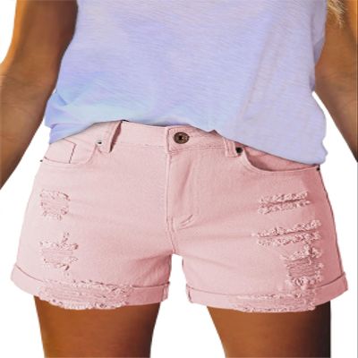 Pink Queen Summer Casual Ripped Denim Shorts for Women High Waist Frayed Hem Distressed Short Jeans Fashion Active Stretchy Short Denim Bottom Outfits Light Pink L