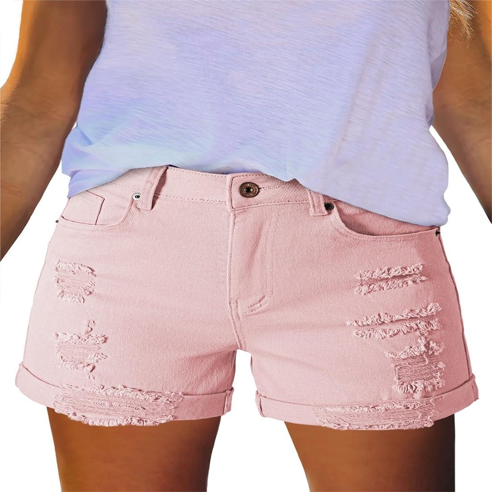 Pink Queen Summer Casual Ripped Denim Shorts for Women High Waist Frayed Hem Distressed Short Jeans Fashion Active Stretchy Short Denim Bottom Outfits Light Pink L