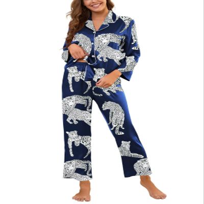 Brosloth Womens Satin Silky Pajama Set Long Sleeve Soft Pjs Sets Button Down Winter Fall Cute Leopard Print 2 Piece Loungewear Dark Blue 2XL