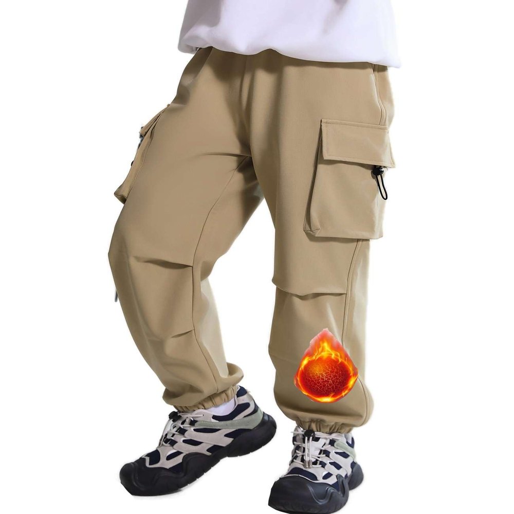 Echinodon Boys Waterproof Cargo Pants Kids Jogging Trousers Outdoor Elastic Waist Hiking Pants Khaki 150