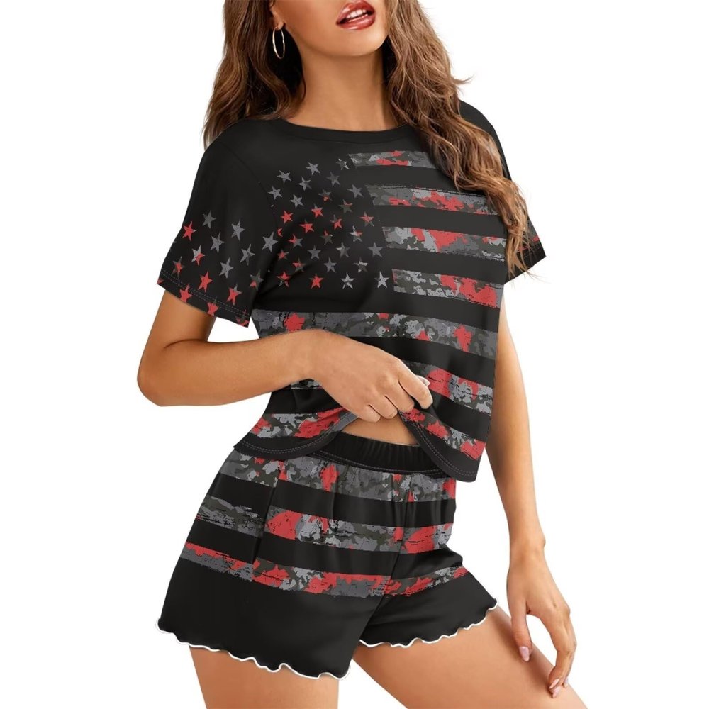 JEOCODY American Flag Pajamas Women Short Sleeve Sleepwear 2 Piece Loungewear Pajamas Set Soft Nightgowns Comfy Pjs Sets with Pockets Casual Short Sleeve Tops and Shorts