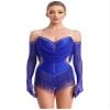 JanJean Women's Glittery Rhinestones Tassel Cutout Latin Jazz Dance Leotard Bodysuit Performance Costume Blue Small view 1
