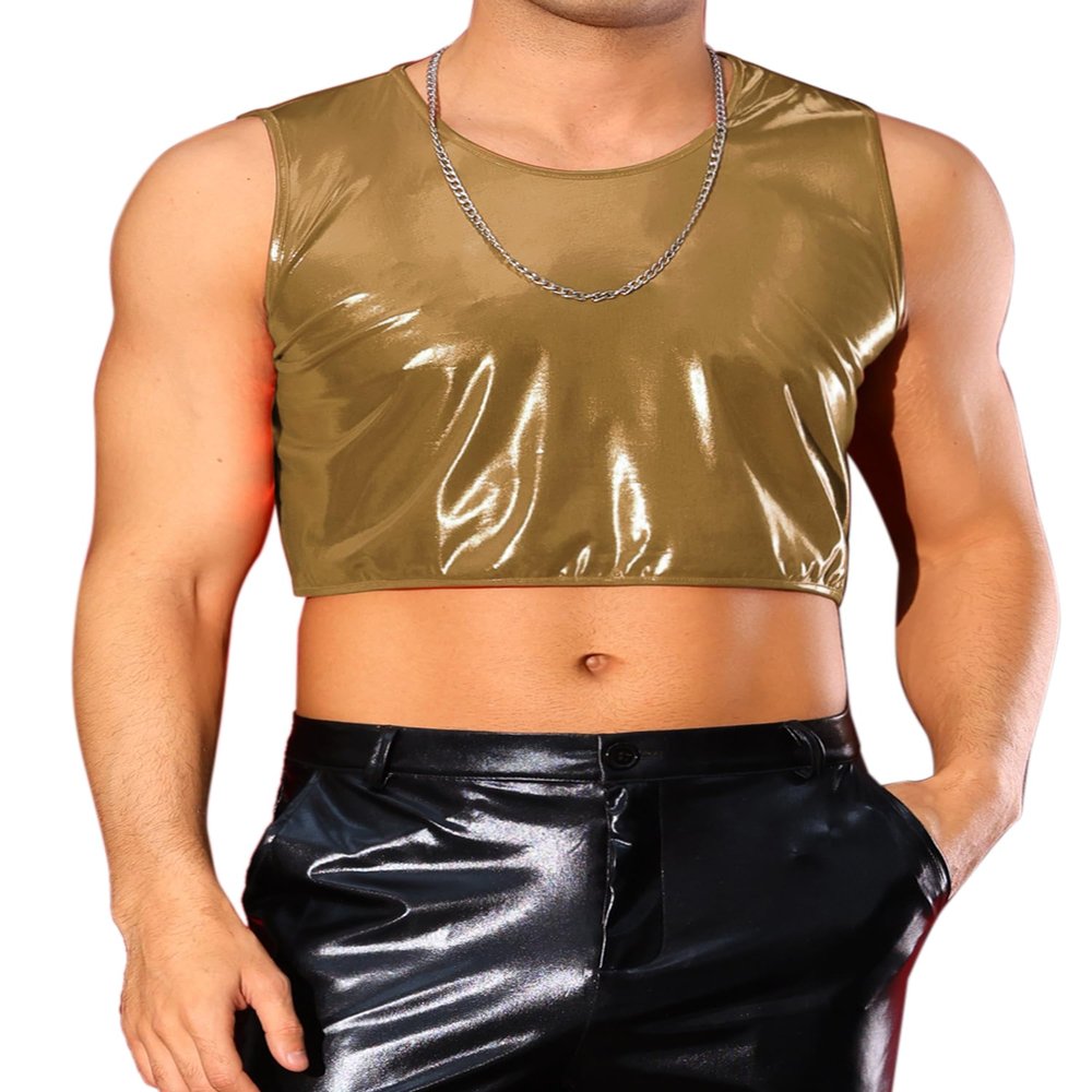 Lars Amadeus Christmas Golden Metallic Crop Tank Tops for Men's Holographic Sleeveless T-Shirt Rave Disco Shiny Vest Large