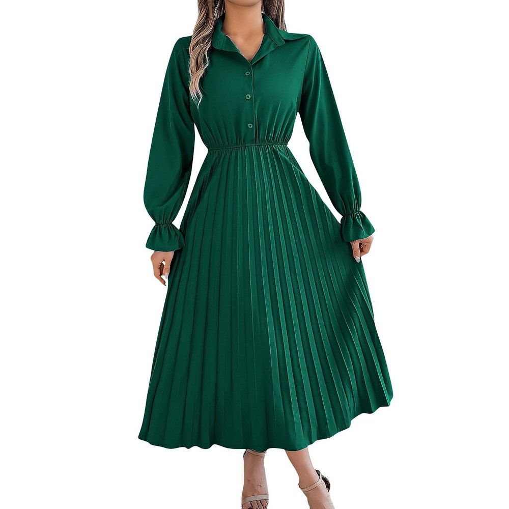 BAXLIMEK Long Sleeve Dresses for Women,2025 Spring Elegant Trendy Lapel Buttond Own Midi Dress Dressy Casual Elastic Waist Office Work Dress Romantic Flowy Pleated A Line Beach Dress (C-Dark Green,L)