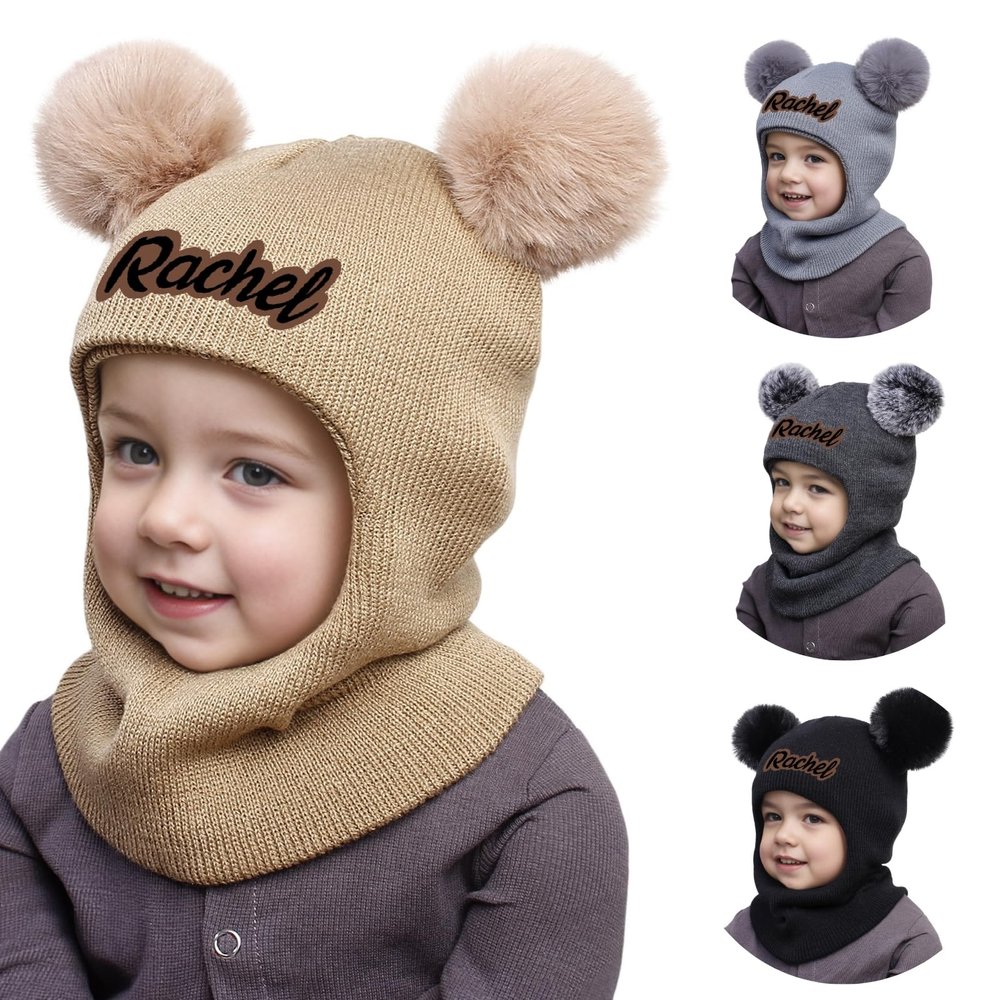 Custom Baby Toddler Winter Hat Scarf Set, Personalized Name Pom Beanie Snow Hat with Fleece Lining for Boys Girls, Khaki Baby Hat