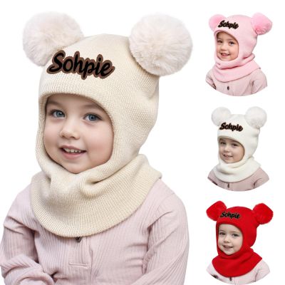 Custom Baby Toddler Winter Hat Scarf Set, Personalized Name Pom Beanie Snow Hat with Fleece Lining for Boys Girls, Beige Baby Hat