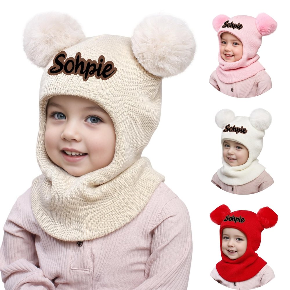 Custom Baby Toddler Winter Hat Scarf Set, Personalized Name Pom Beanie Snow Hat with Fleece Lining for Boys Girls, Beige Baby Hat