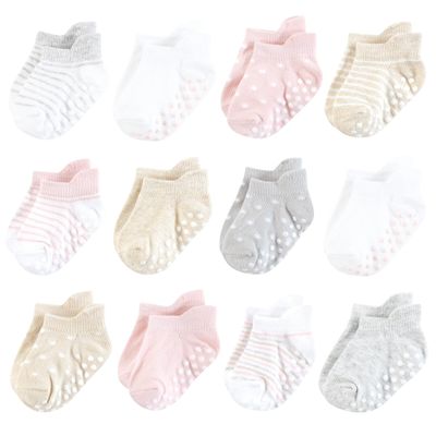 Hudson Baby Infant Girl Non-Skid No-Show Socks, Soft Pink Dot Stripe, 6-12 Months