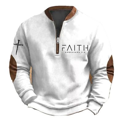 Qhecomce Men's Faith Print Casual T-Shirt Faith Ephesians 2 8 Pullover Faith Over Fear Hoodie White