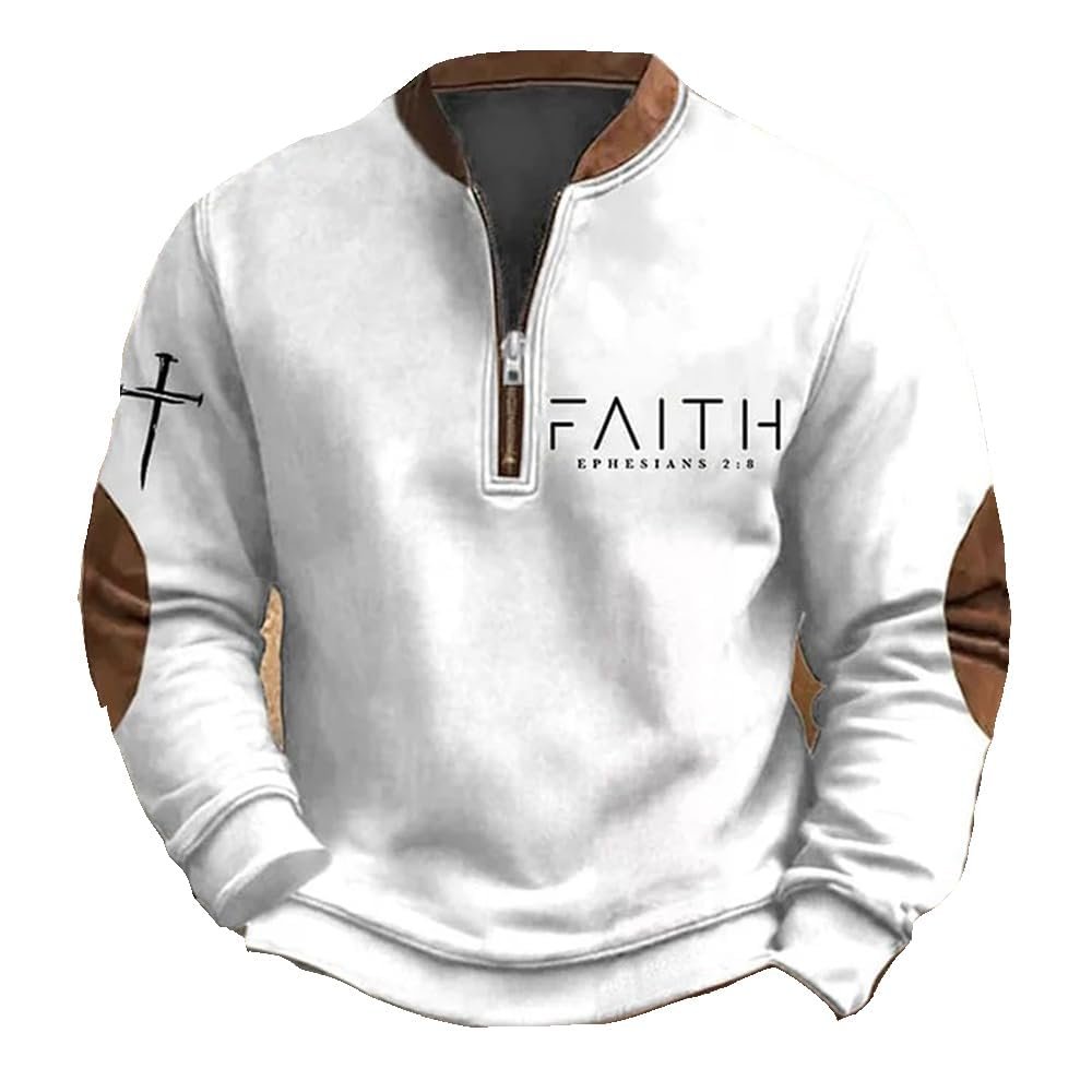 Qhecomce Men's Faith Print Casual T-Shirt Faith Ephesians 2 8 Pullover Faith Over Fear Hoodie White