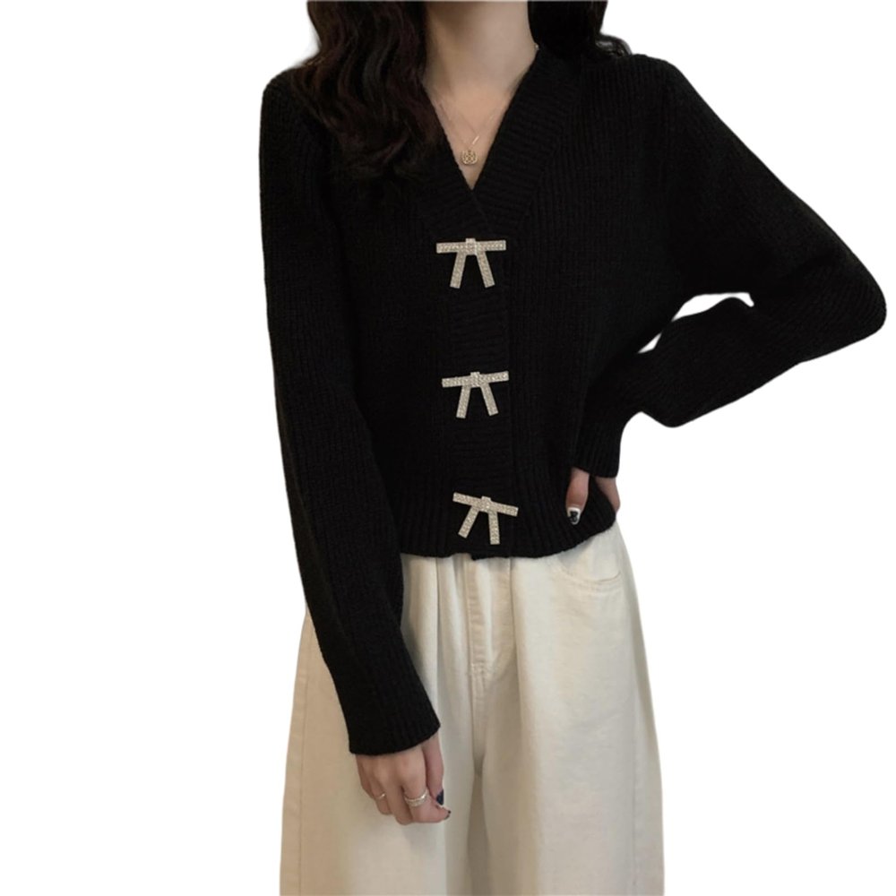 Bow Sweater Womens Long Sleeve Loose Chunky Knit Christmas Sweater Coats One-Size (Black,One Size)