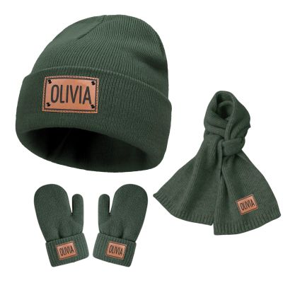 Custom Toddlers Winter Hat Scarf Gloves Set 3 Pcs for Girls Boys, Personalized Leather Patch Baby Beanie Hat, Army Green Knited Warm Set for Infant Kids