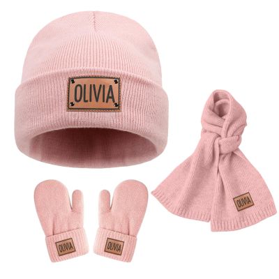 Custom Toddlers Winter Hat Scarf Gloves Set 3 Pcs for Girls Boys, Personalized Leather Patch Baby Beanie Hat, Pink Knited Warm Set for Infant Kids