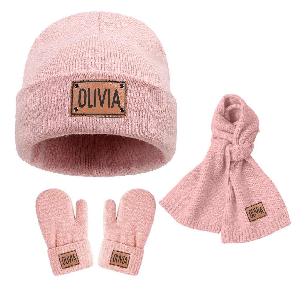 Custom Toddlers Winter Hat Scarf Gloves Set 3 Pcs for Girls Boys, Personalized Leather Patch Baby Beanie Hat, Pink Knited Warm Set for Infant Kids