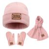 Custom Toddlers Winter Hat Scarf Gloves Set 3 Pcs for Girls Boys, Personalized Leather Patch Baby Beanie Hat, Pink Knited Warm Set for Infant Kids view 1