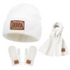 Custom Toddlers Winter Hat Scarf Gloves Set 3 Pcs for Girls Boys, Personalized Leather Patch Baby Beanie Hat, White Knited Warm Set for Infant Kids view 1