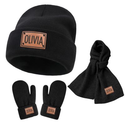Custom Toddlers Winter Hat Scarf Gloves Set 3 Pcs for Girls Boys, Personalized Leather Patch Baby Beanie Hat, Black Knited Warm Set for Infant Kids