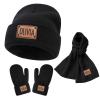 Custom Toddlers Winter Hat Scarf Gloves Set 3 Pcs for Girls Boys, Personalized Leather Patch Baby Beanie Hat, Black Knited Warm Set for Infant Kids view 1