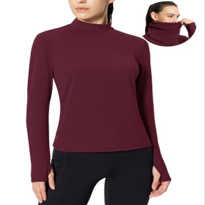 baleaf Thermal Long Sleeve Shirts for Women Mock Neck Base Layer Underwear Top Warm Fleece Winter Clothes with Neck Gaiter Wine Red 2XL