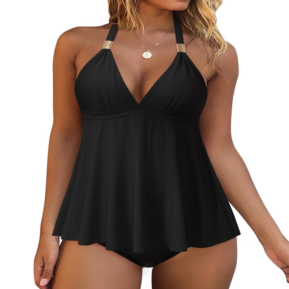 RXRXCOCO Women Halter Tankini Swimsuits Tummy Control Swimsuit Flowy V Neck Bathing Suits Black Large
