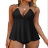 RXRXCOCO Women Halter Tankini Swimsuits Tummy Control Swimsuit Flowy V Neck Bathing Suits Black Large view 1