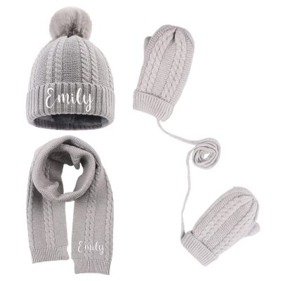 3PCS Personalized Kids Winter Hat Gloves Scarf Set, Custom Embroidered Name Toddler Winter Knit Beanie Hat Scarf Gloves Warm Set for Boys Girls, Gray