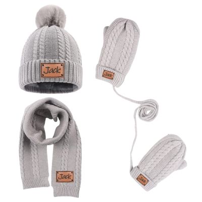 3PCS Custom Kids Winter Hat Gloves Scarf Set, Personalized Toddler Winter Knit Beanie Hat Scarf Gloves Warm Set for Boys Girls 4-10 Years, Grey