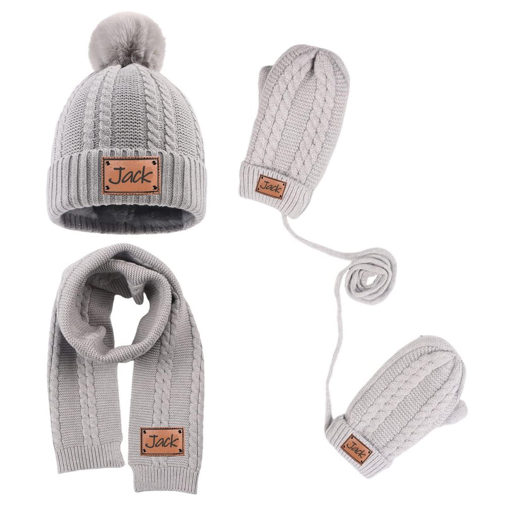3PCS Custom Kids Winter Hat Gloves Scarf Set, Personalized Toddler Winter Knit Beanie Hat Scarf Gloves Warm Set for Boys Girls 4-10 Years, Grey