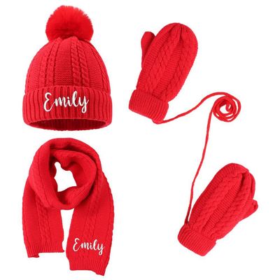 3PCS Personalized Kids Winter Hat Gloves Scarf Set, Custom Embroidered Name Toddler Winter Knit Beanie Hat Scarf Gloves Warm Set for Boys Girls, Red