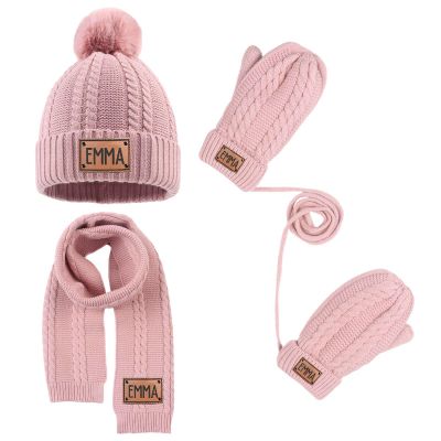 3PCS Custom Kids Winter Hat Gloves Scarf Set, Personalized Toddler Winter Knit Beanie Hat Scarf Gloves Warm Set for Boys Girls 4-10 Years, Pink