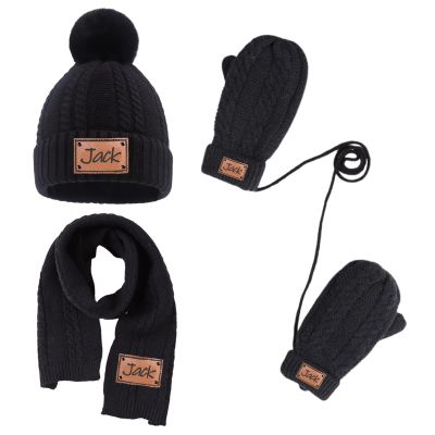 3PCS Custom Kids Winter Hat Gloves Scarf Set, Personalized Toddler Winter Knit Beanie Hat Scarf Gloves Warm Set for Boys Girls 4-10 Years, Black