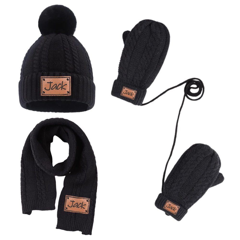 3PCS Custom Kids Winter Hat Gloves Scarf Set, Personalized Toddler Winter Knit Beanie Hat Scarf Gloves Warm Set for Boys Girls 4-10 Years, Black