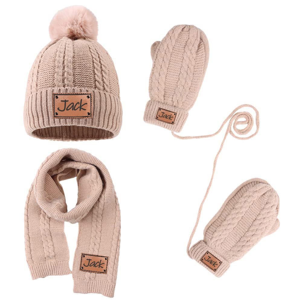 3PCS Custom Kids Winter Hat Gloves Scarf Set, Personalized Toddler Winter Knit Beanie Hat Scarf Gloves Warm Set for Boys Girls 4-10 Years, Khaki
