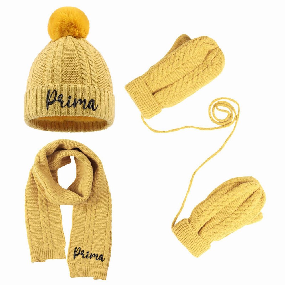 3PCS Personalized Kids Winter Hat Gloves Scarf Set, Custom Embroidered Name Toddler Winter Knit Beanie Hat Scarf Gloves Warm Set for Boys Girls, Yellow