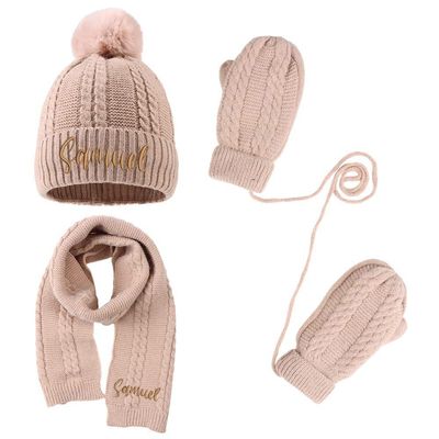 3PCS Personalized Kids Winter Hat Gloves Scarf Set, Custom Embroidered Name Toddler Winter Knit Beanie Hat Scarf Gloves Warm Set for Boys Girls, Khaki
