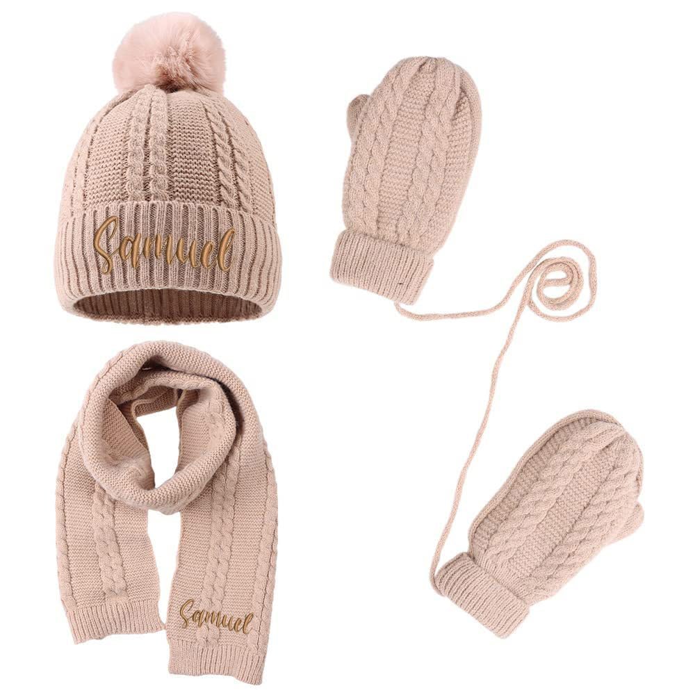 3PCS Personalized Kids Winter Hat Gloves Scarf Set, Custom Embroidered Name Toddler Winter Knit Beanie Hat Scarf Gloves Warm Set for Boys Girls, Khaki