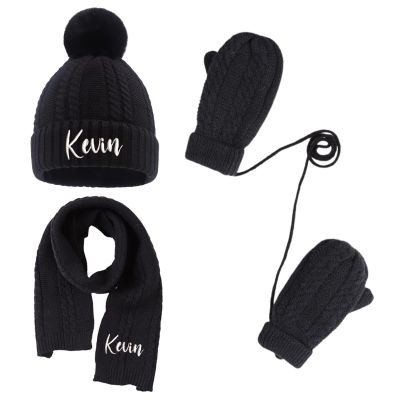 3PCS Personalized Kids Winter Hat Gloves Scarf Set, Custom Embroidered Name Toddler Winter Knit Beanie Hat Scarf Gloves Warm Set for Boys Girls, Black