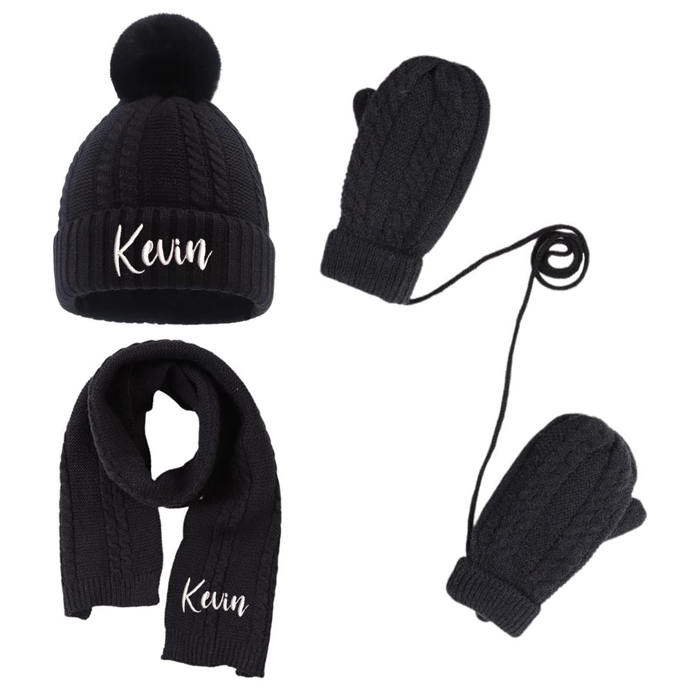 3PCS Personalized Kids Winter Hat Gloves Scarf Set, Custom Embroidered Name Toddler Winter Knit Beanie Hat Scarf Gloves Warm Set for Boys Girls, Black