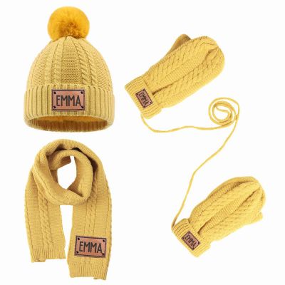 3PCS Custom Kids Winter Hat Gloves Scarf Set, Personalized Toddler Winter Knit Beanie Hat Scarf Gloves Warm Set for Boys Girls 4-10 Years, Yellow