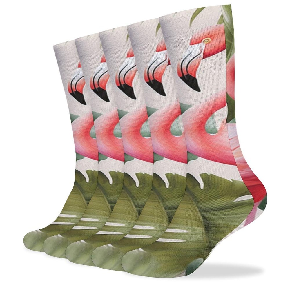 FZMVSLH Flamingo Palm Trees Leaf Socks for Women Men Cotton Sock Breathable Boot Socks Warm Calf Socks for Hiking Work Crew Socks Thin Casual Long Socks 5 Pairs