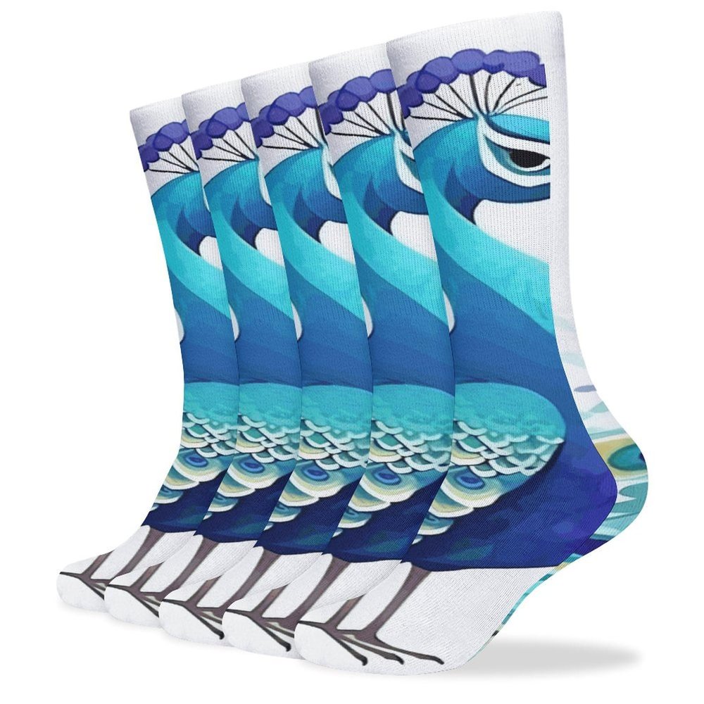 FZMVSLH Cartoon Blue Peacock Socks for Women Men Cotton Sock Breathable Boot Socks Warm Calf Socks for Hiking Work Crew Socks Thin Casual Long Socks 5 Pairs